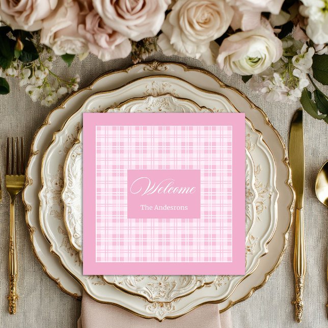 Personalized Pink Table Napkins Modern Tartan Look Pappersservett (Personalized Pink Table Napkins Modern Tartan Look)