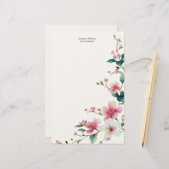 Personalized  Pink White Wildflowers Florals  Brevpapper (Fram/Back In Situ)