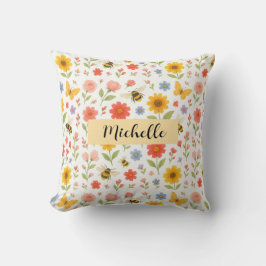 Personalized Pink Yellow Floral Bee Throw Pillow Kudde