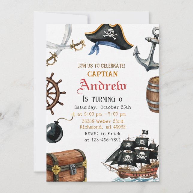 Personalized Pirate Birthday for Kids Invitation  Inbjudningar (Framsida)