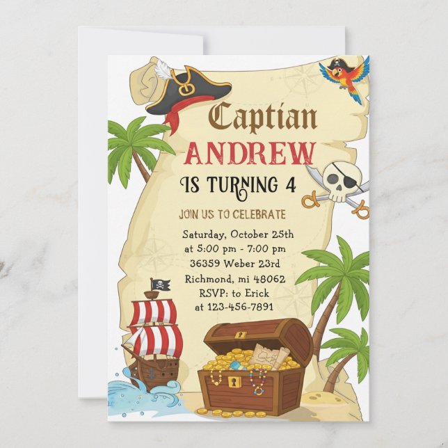 Personalized pirate theme child's birthday inbjudningar (Framsida)