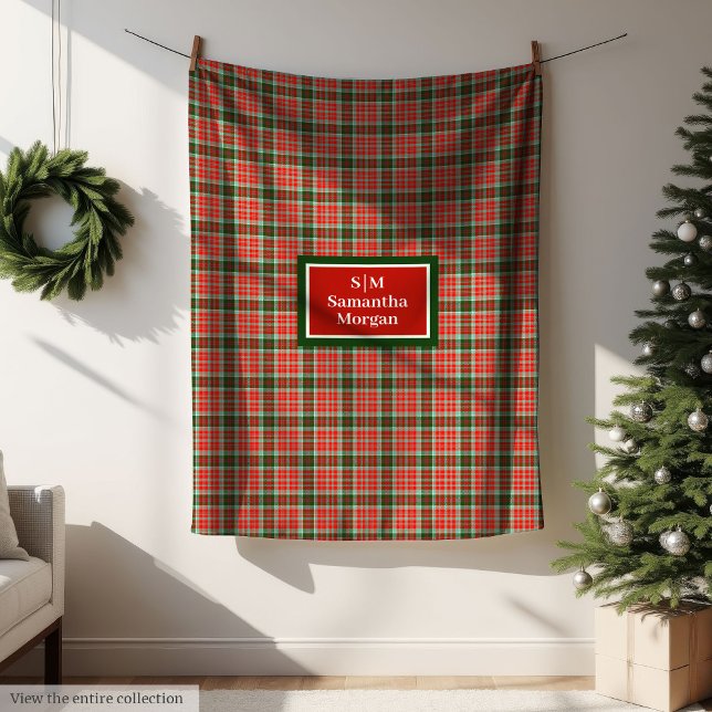 Personalized Plaid Blanket Chic Red Green Xmas Fleecefilt (Personalized Plaid Blanket Chic Red Green Christmas)