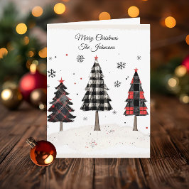 Personalized Plaid Christmas Tree Family Name Kort