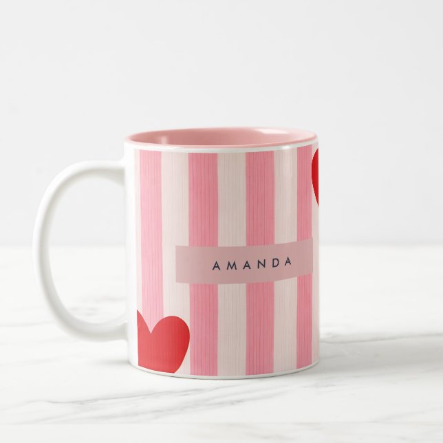 Personalized Playful Red Heart & Pink Stripe  Två-Tonad Mugg (Vänster)