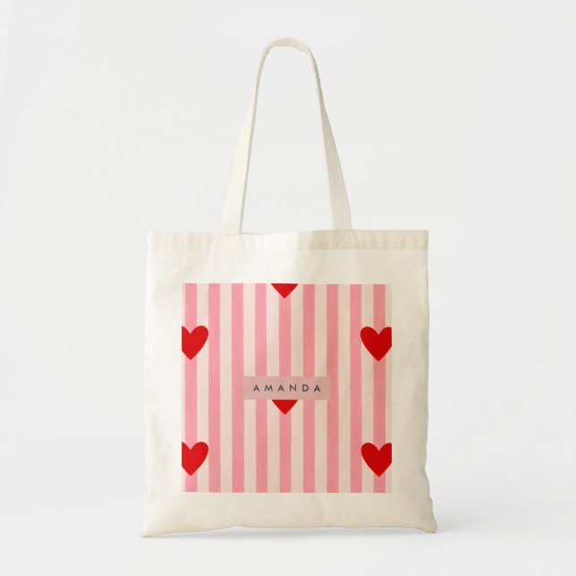 Personalized Playful Red Heart & Pink Stripe  Tygkasse (Framsidan)