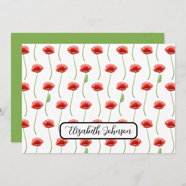 Personalized Poppies Floral Botanical Note Card Anteckningskort (Fram/baksida)