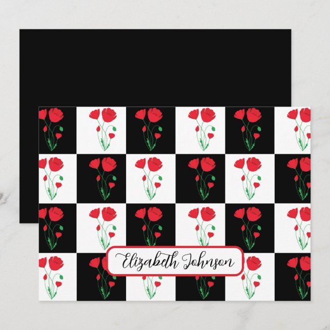 Personalized Poppy Checkerboard Floral Note Card Anteckningskort (Fram/baksida)