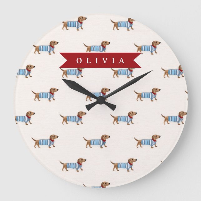 Personalized Preppy Cute Dachshund Dog Pattern Stor Klocka (Framsida)
