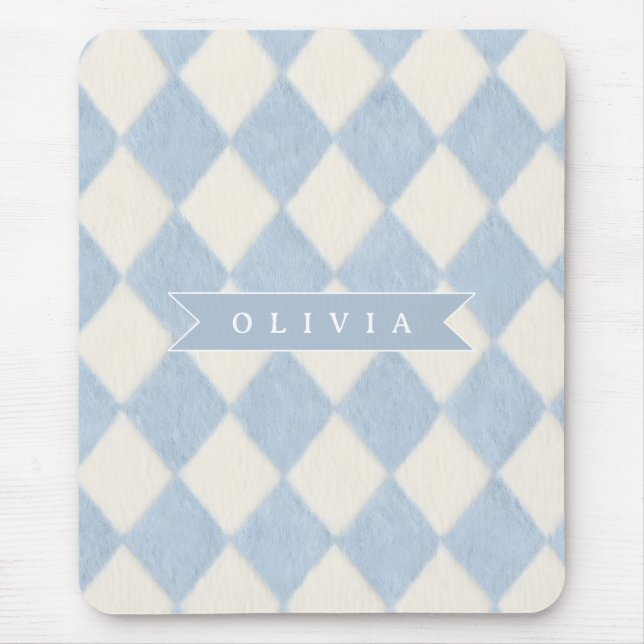 Personalized Preppy Soft Blue Fuzzy Argyle Name Musmatta (Framsidan)