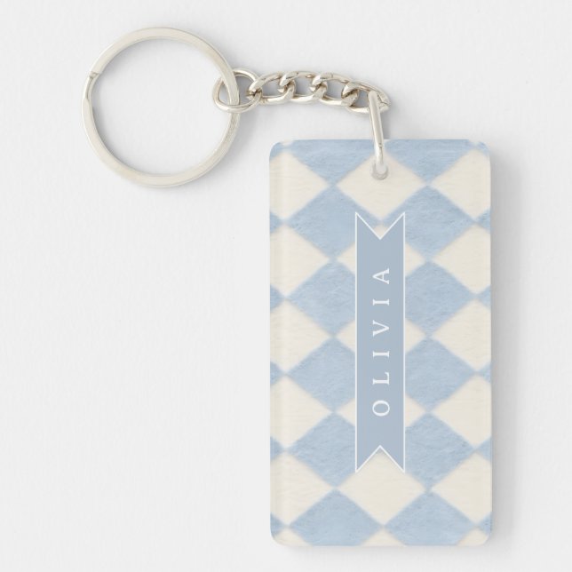 Personalized Preppy Soft Blue Fuzzy Argyle Name Nyckelring (Framsidan)