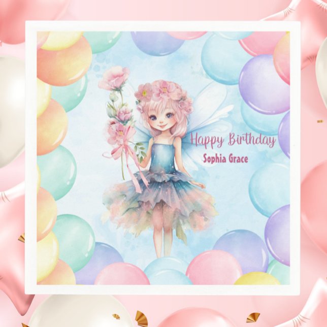 Personalized Pretty Blue Fairy Birthday Napkins  Pappersservett (Personalized Blue Fairy Birthday Napkins – Custom Name Party Decor with Balloons)