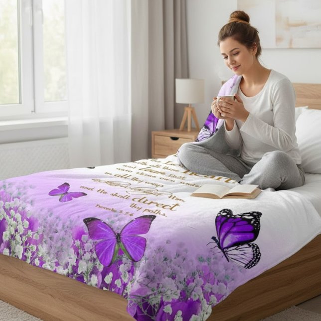 Personalized Purple Butterfly Proverbs 3:5-6 Relig Fleecefilt (Skapare uppladdad)