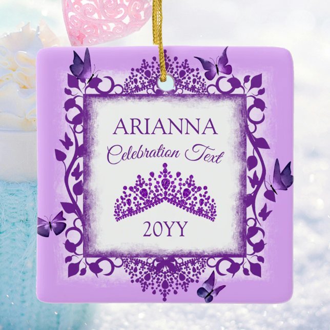 Personalized Purple Tiara & Butterflies Keepsake Julgransprydnad Keramik (personalized tree ornament with purple butterflies and tiara, congratulations, commemorative gift)