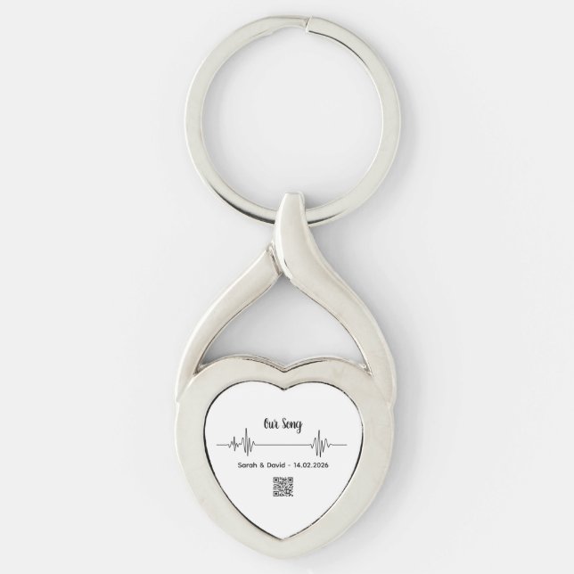 Personalized QR Code Soundwave Keychain Twisted Heart Silverfärgad Nyckelring (Framsidan)