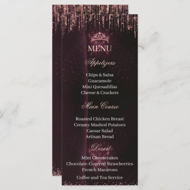 Personalized Quinceañera Menu Card | QUINCEAÑERA Meny (Fram/baksida)