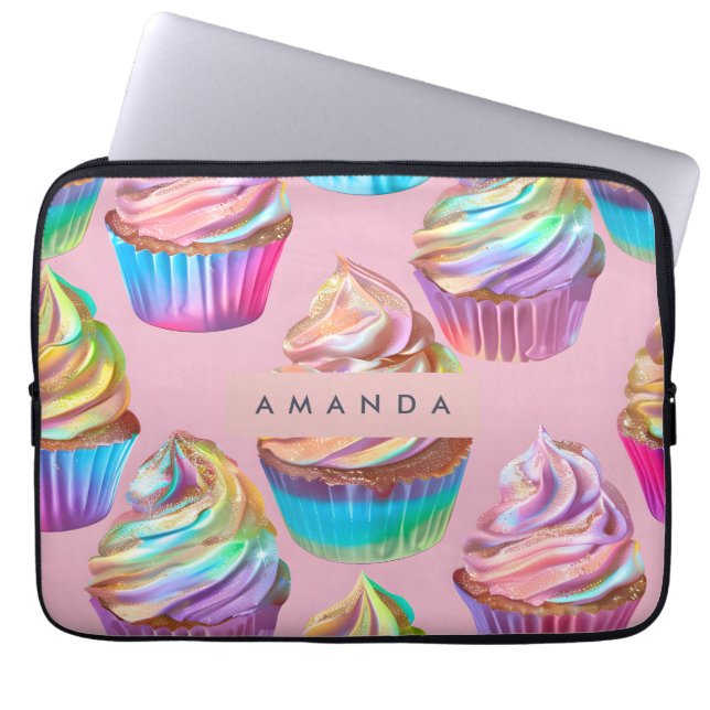Personalized Rainbow Pastel Cupcake with Glitter Laptop Fodral (Framsidan)