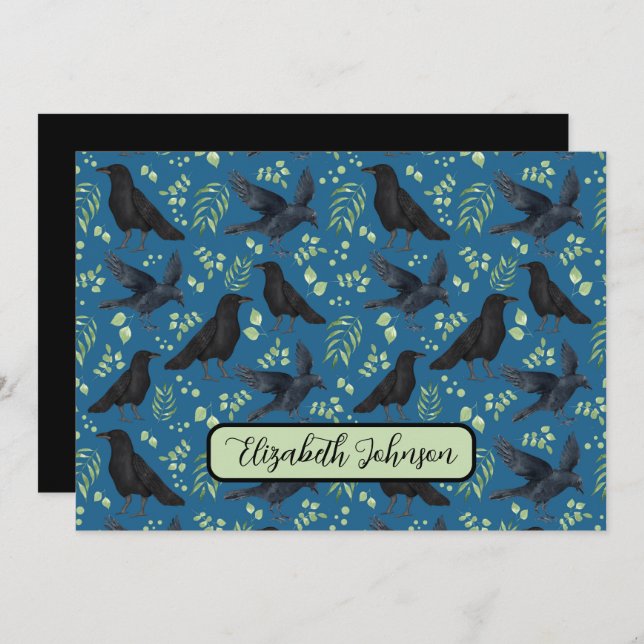 Personalized Ravens Note Card in Blue Anteckningskort (Fram/baksida)