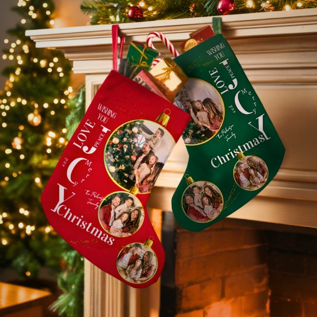 Personalized Red and Green Photo Monogram Name Liten Julstrumpa (Skapare uppladdad)