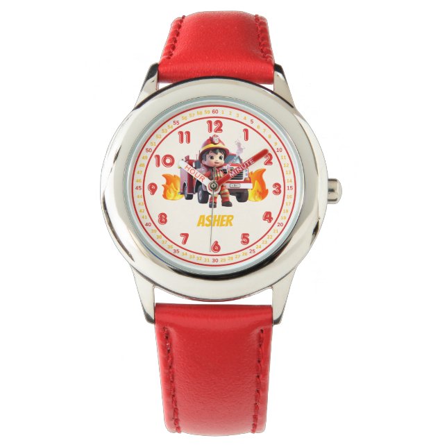 Personalized Red Cute Boy Firefighter Kids Armbandsur (Framsida)