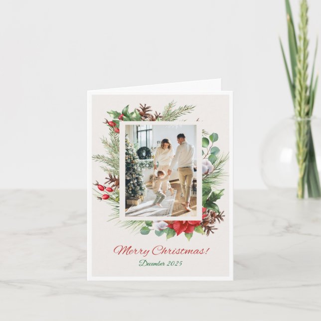 Personalized Red & Green Floral Christmas Card  Helgkort (Framsida)