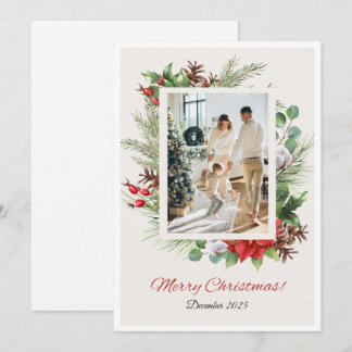Personalized Red & Green Floral Christmas Card Julkort