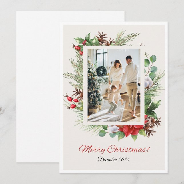 Personalized Red & Green Floral Christmas Card  Julkort (Fram/baksida)