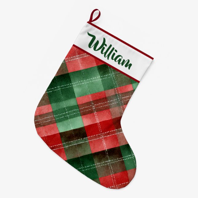 Personalized Red & Green Plaid Christmas Stocking  Stor Julstrumpa (Framsidan (Hängande))