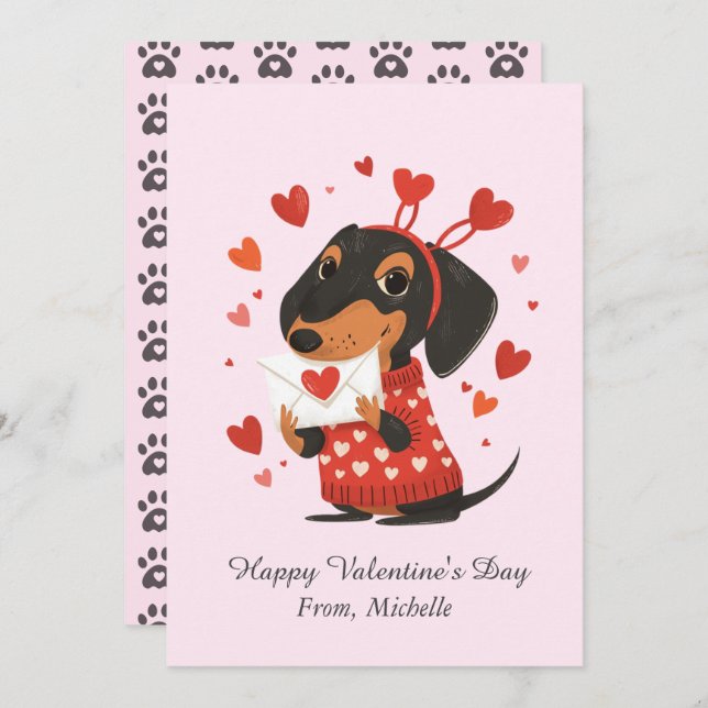 Personalized Red Hearts Dachshund Valentine's Day  Julkort (Fram/baksida)
