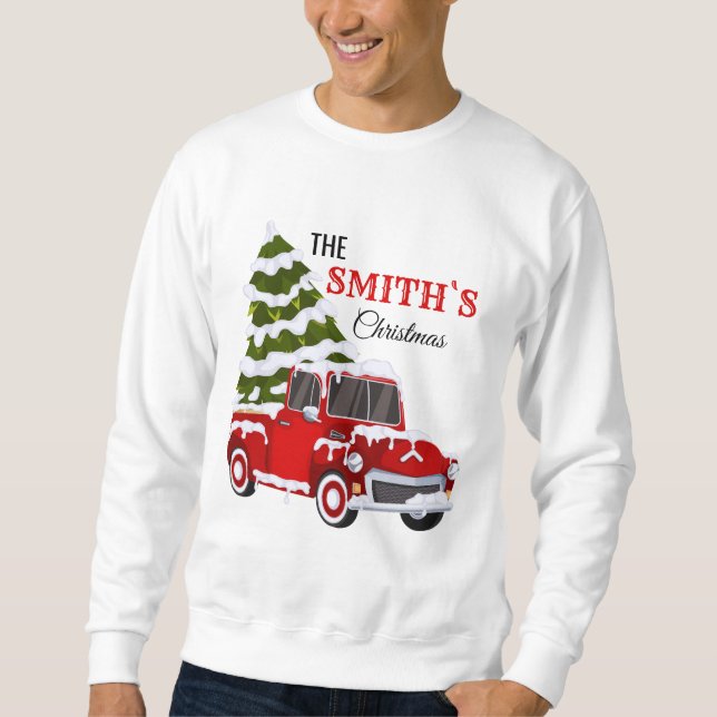 Personalized Red Pickup Truck Christmas Family Lång Ärmad Tröja (Framsida)