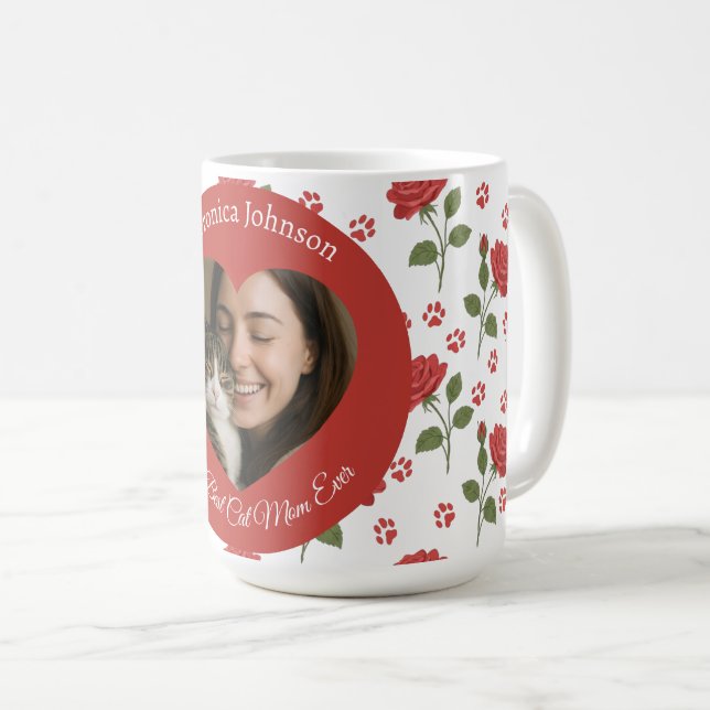 Personalized Red Roses and Cat Paw Prints Photo Kaffemugg (Framsida höger)