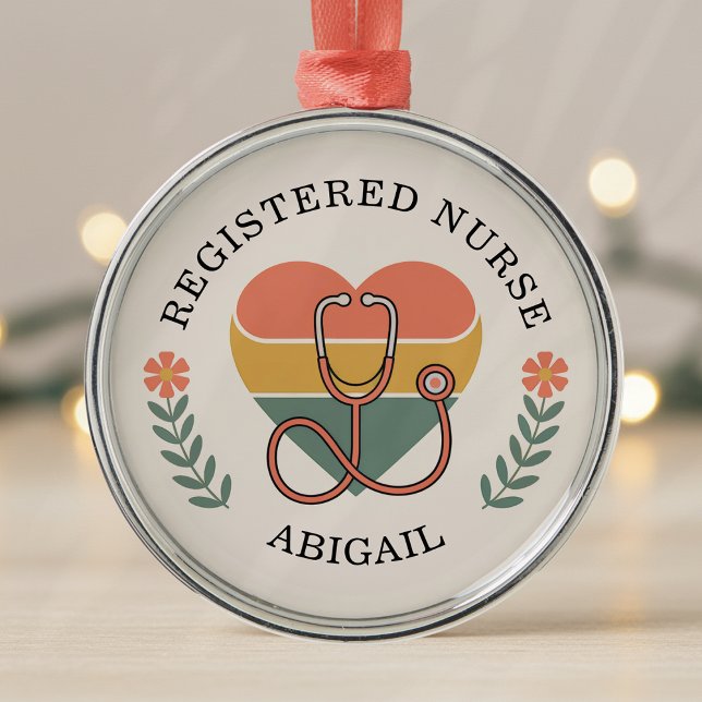Personalized Registered Nurse Retro Heart Julgransprydnad Metall (Skapare uppladdad)