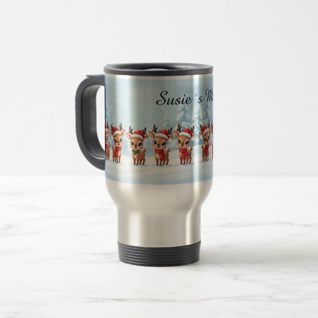 Personalized Reindeer Travel Mug, Custom Name, Chr Resemugg (Framsida vänster)