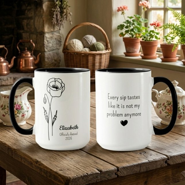 Personalized Retirement Poppy Large Mugg (Poppy Line drawing retirement mug. Kitchen background.)