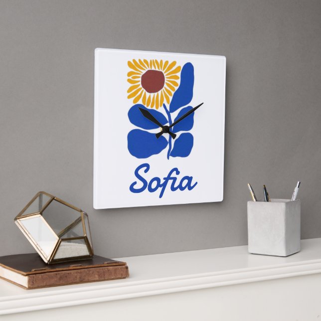 Personalized Retro Floral Daisy Custom Name Gift Fyrkantig Klocka (Kontor)