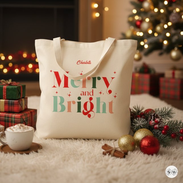 Personalized Retro Merry and Bright Christmas Tygkasse (Skapare uppladdad)