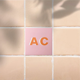 Personalized Retro Orange and Pink Monogram Kakelplatta
