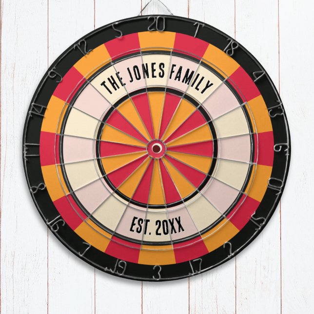 Personalized Retro Red and Orange Dartboard Darttavla (A dartboard with red and yellow design, with custom family name and optional 'established' year)