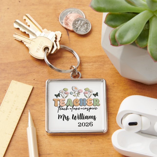 Personalized Retro Style Teacher Fyrkantig Silverfärgad Nyckelring (Skrivbord)