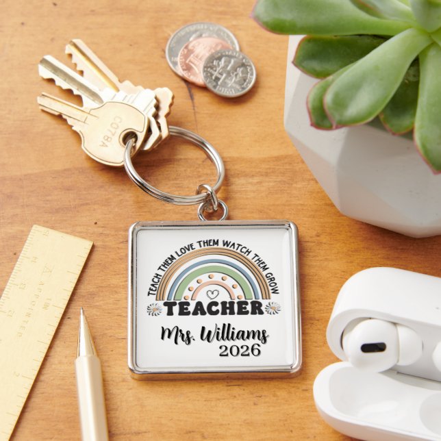 Personalized Retro Style Teacher Fyrkantig Silverfärgad Nyckelring (Skrivbord)
