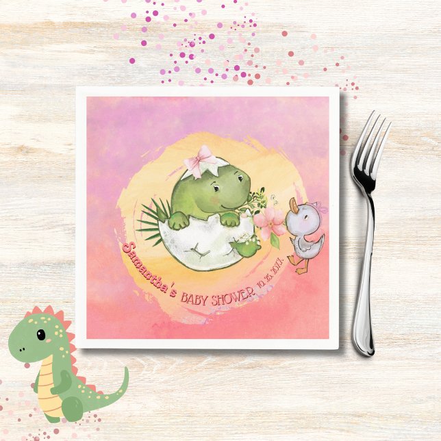 Personalized Round Dino & Duckling Baby Shower  Pappersservett (Personalized Round Dino & Duckling Baby Shower Napkins)