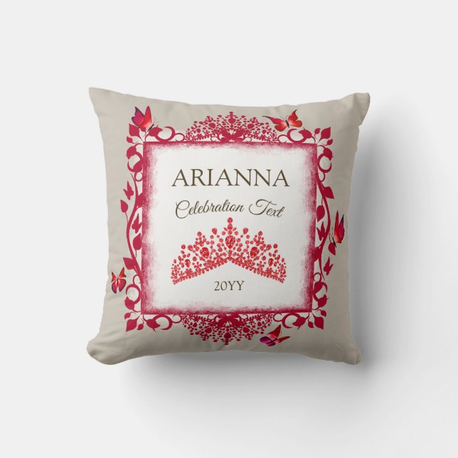 Personalized Ruby Red Tiara & Butterflies Kudde (Framsida)