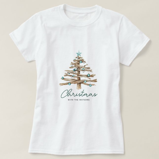 Personalized Rustic Christmas Tree with Ornaments T Shirt (Design framsida)