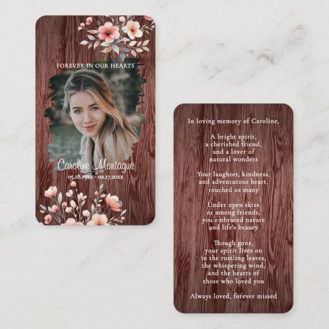 Personalized Rustic Floral Photo Memorial Card Anteckningskort (Fram/baksida)