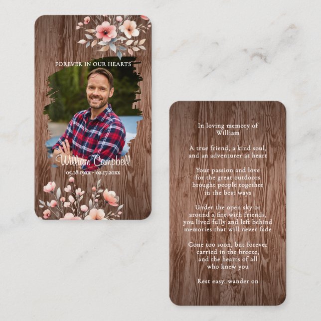 Personalized Rustic Floral Photo Memorial Card Anteckningskort (Fram/baksida)
