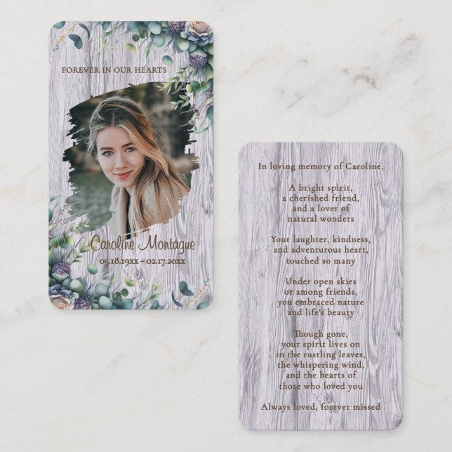 Personalized Rustic Floral Photo Memorial Card Anteckningskort (Fram/baksida)