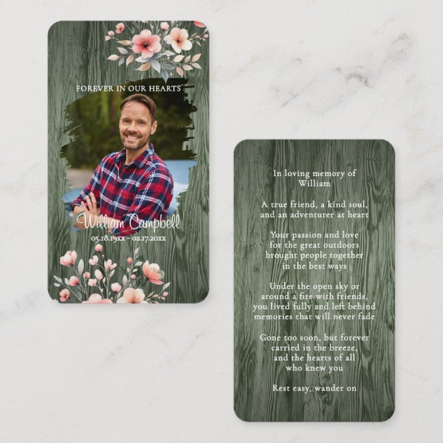 Personalized Rustic Floral Photo Memorial Card Anteckningskort (Fram/baksida)