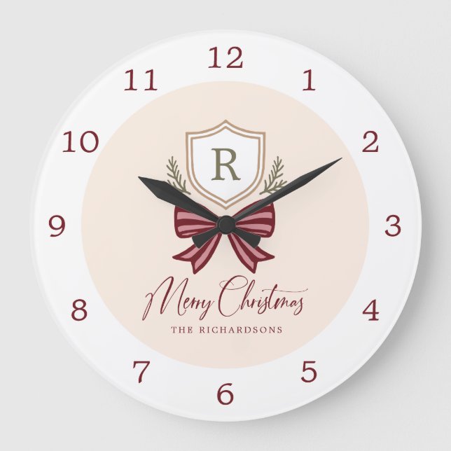 Personalized Rustic Monogram Crest Bow Christmas  Stor Klocka (Framsida)