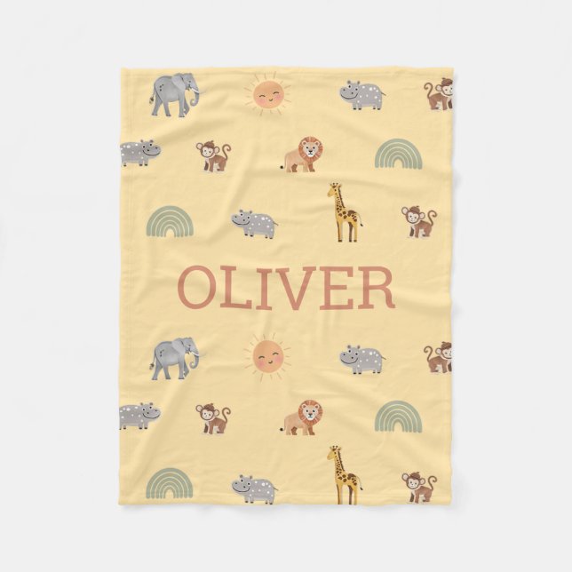 Personalized Safari Animal Baby Blanket with Name Fleecefilt (Framsidan)