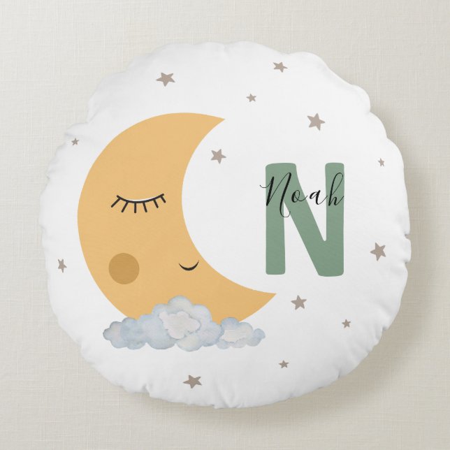 Personalized Sage Green Moon Nursery Throw Pillow Rund Kudde (Framsidan)