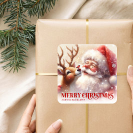 Personalized Santa and Rudolph Cute Christmas Kids Fyrkantigt Klistermärke